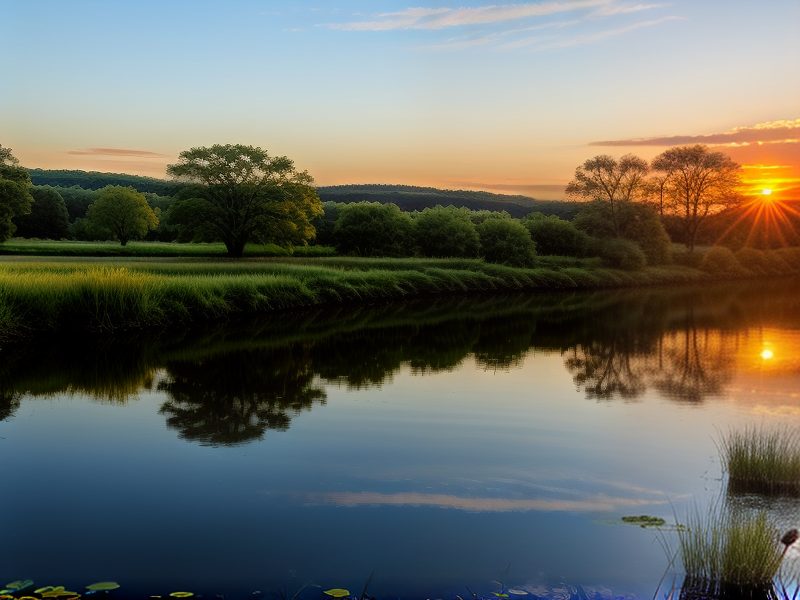 A calm river reflects trees and grassy banks at sunset, with the sun partially visible near the horizon and clear skies above.