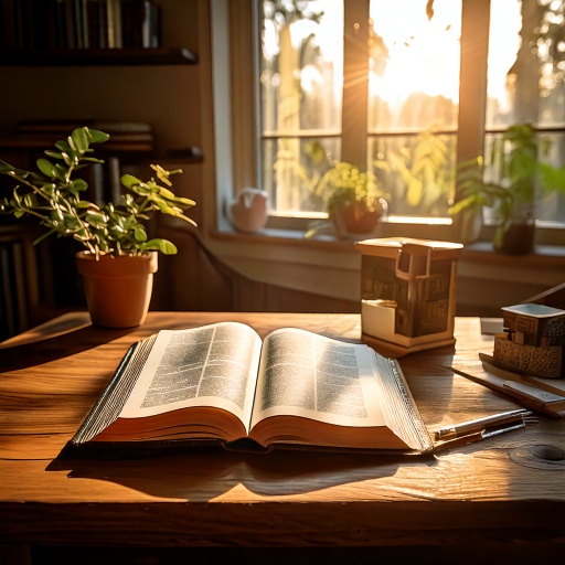 An open book on a wooden table with sunlight streaming through a window. Two potted plants and a stack of books are in the background.