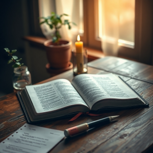 An open book lies on a wooden table near a lit candle, with a pen and notepad nearby. A potted plant sits by the window in the background, illuminated by warm sunlight.