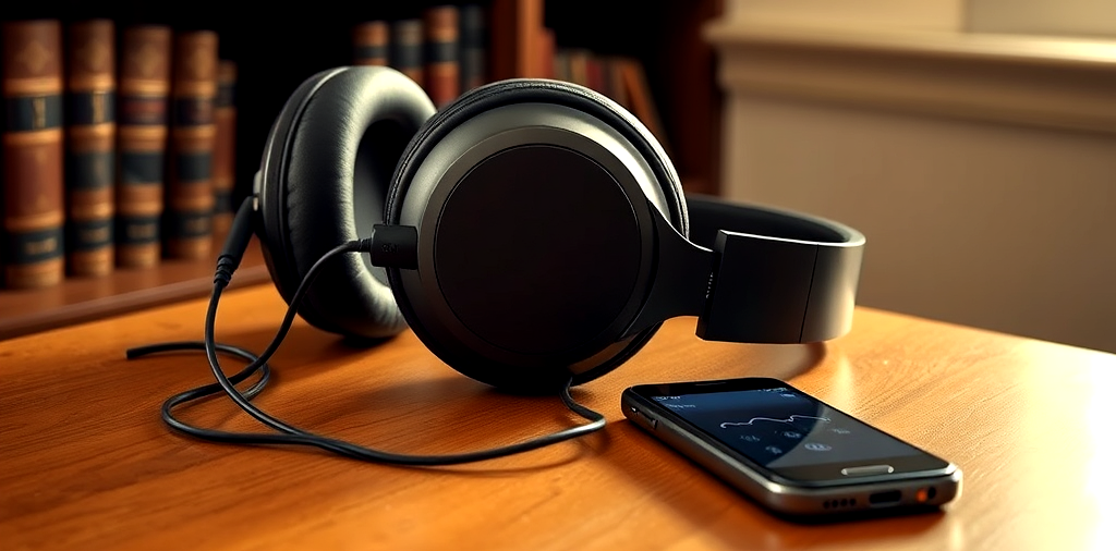 Close-up of black over-ear headphones connected to a smartphone on a wooden table, with bookshelves in the background.