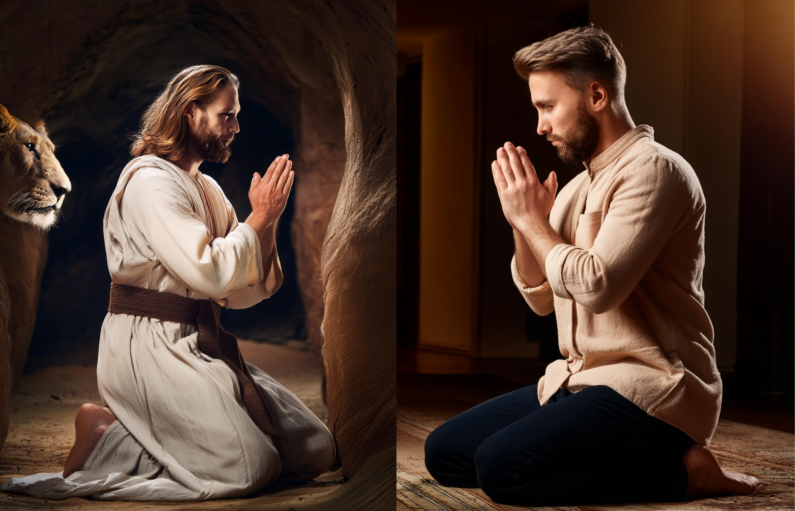 Two men kneeling in prayer; the man on the left is in a cave with a lion, while the man on the right is indoors on a carpet.