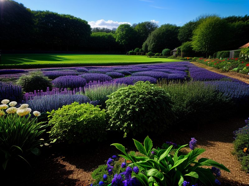 A formal garden with neatly trimmed bushes, blooming purple and white flowers, and a large lawn bordered by trees under a blue sky.