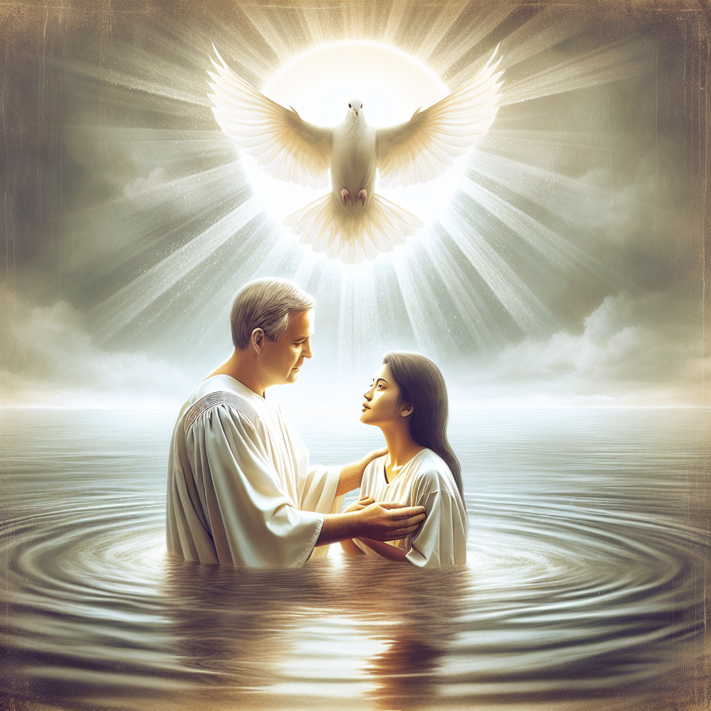 A man baptizes a woman in a calm body of water as a radiant dove hovers above them, emitting beams of light, symbolizing spiritual significance.
