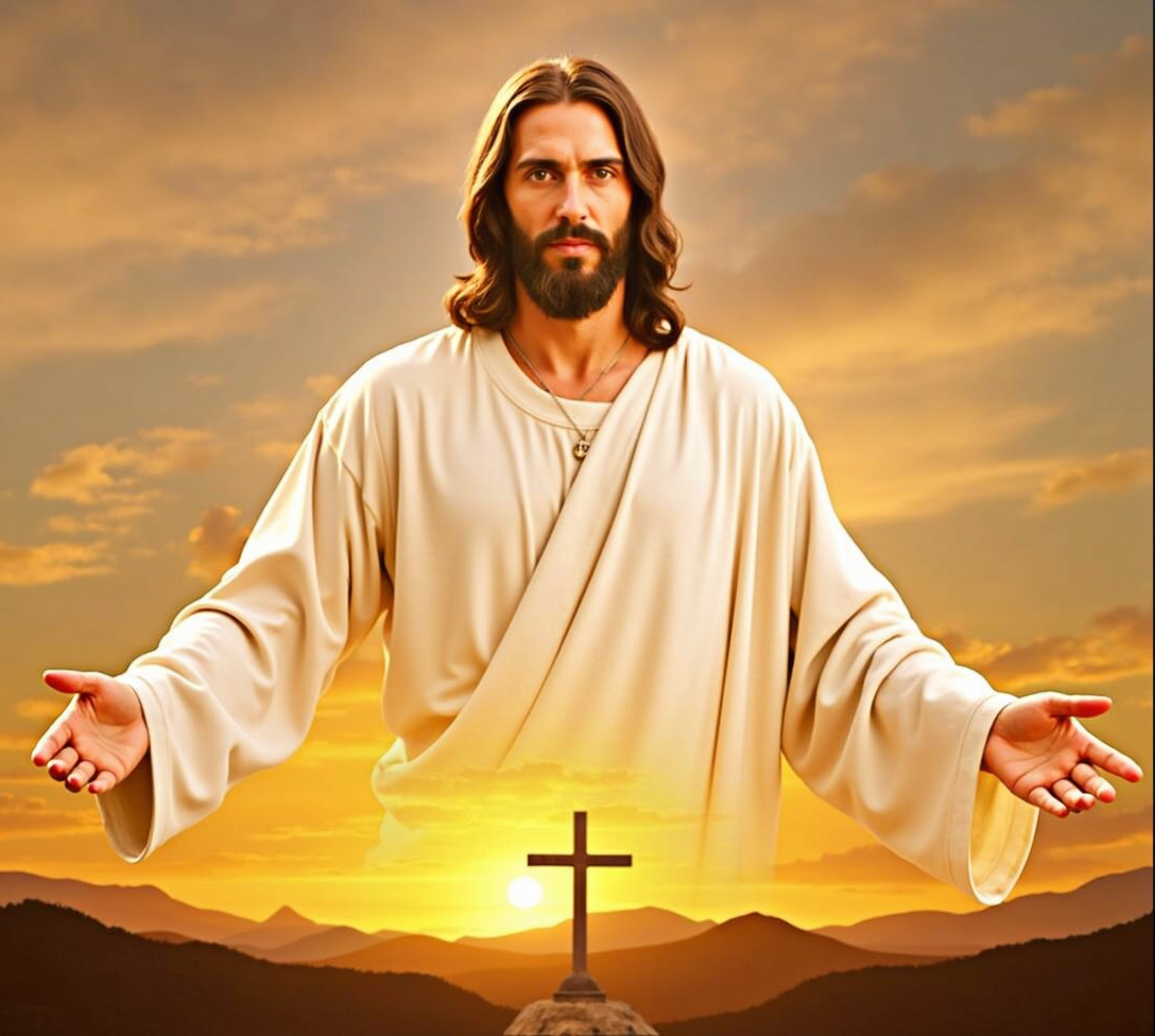 A man in a white robe with open arms stands before a sunset sky, with a cross on a hill in the foreground.